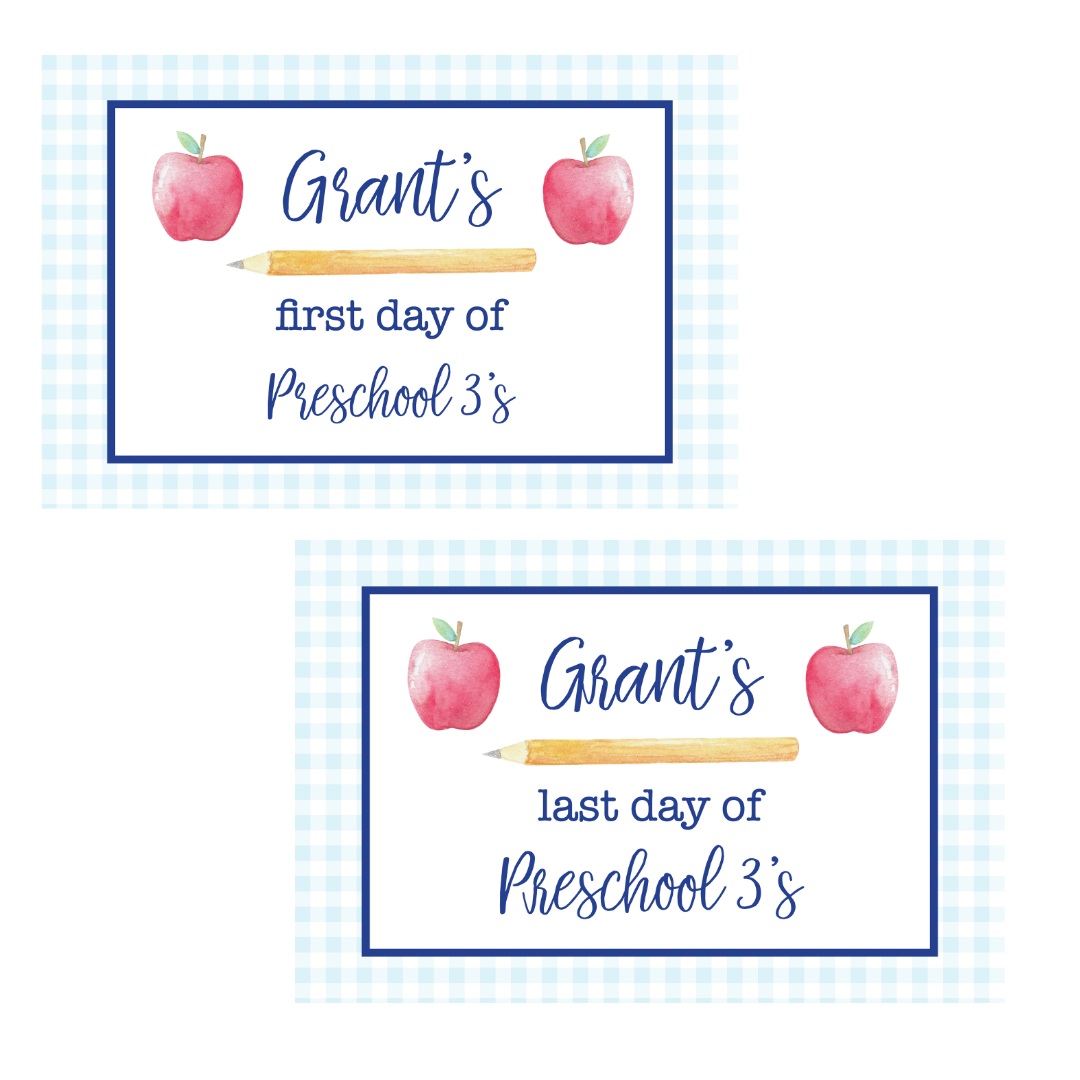 First Day of School Sign - Reusable Sign Blue Gingham and Apples
