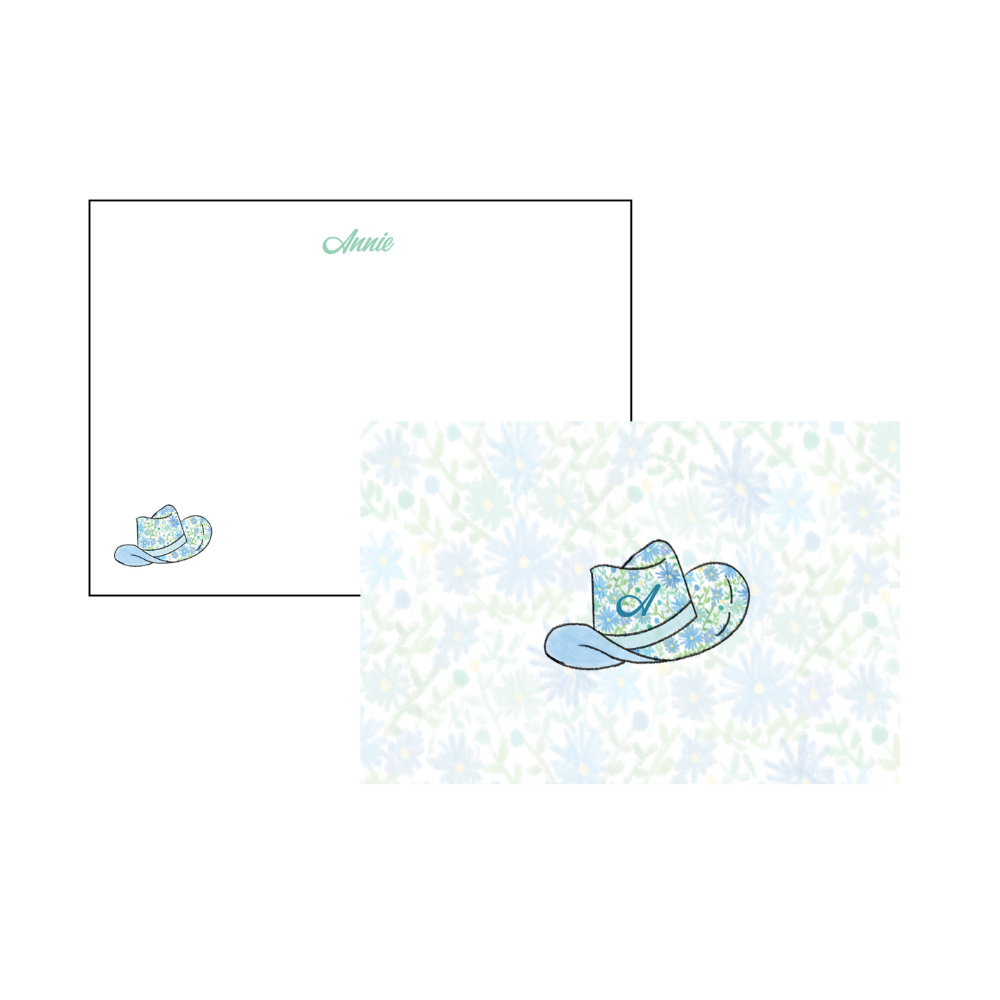 Cowgirl Hat Personalized Western Stationery - Blue and Green Florals