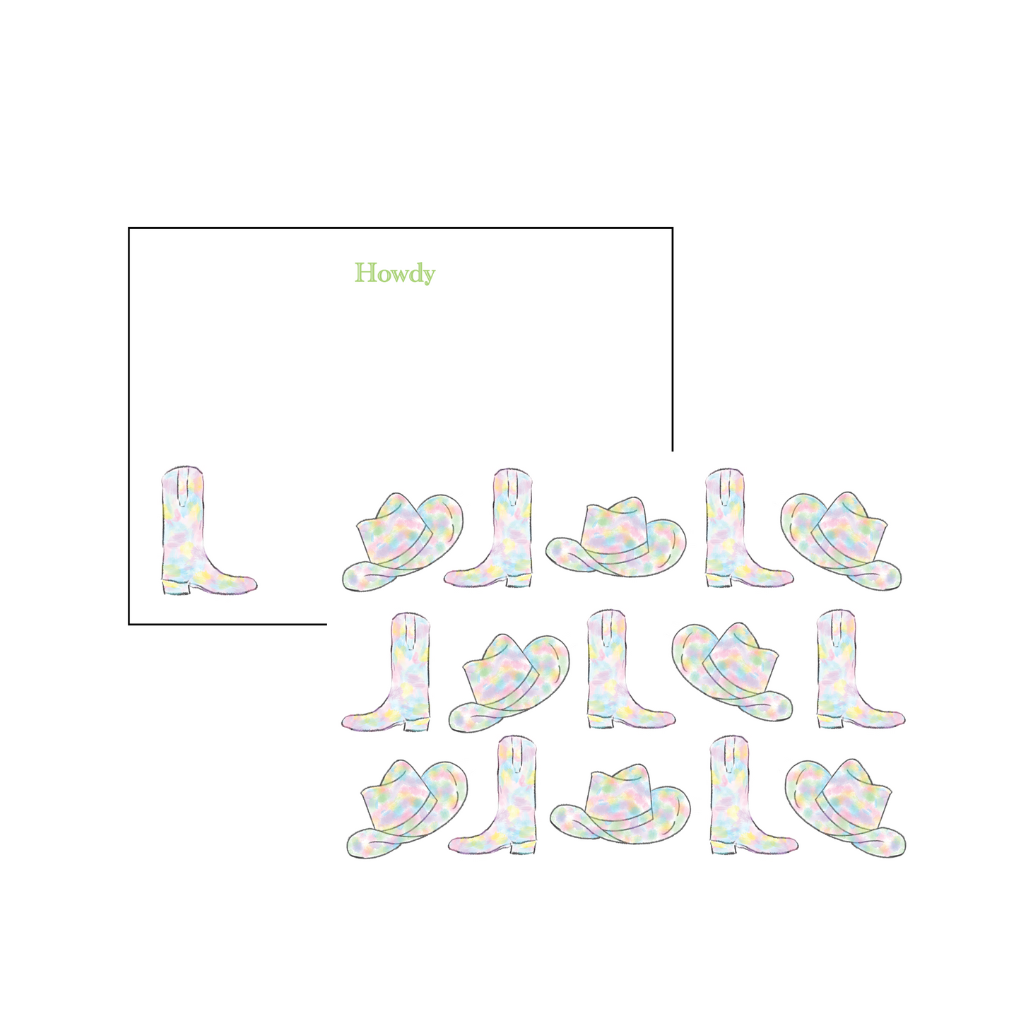 Cowgirl Boot Howdy Stationery - Pastel Tye Dye