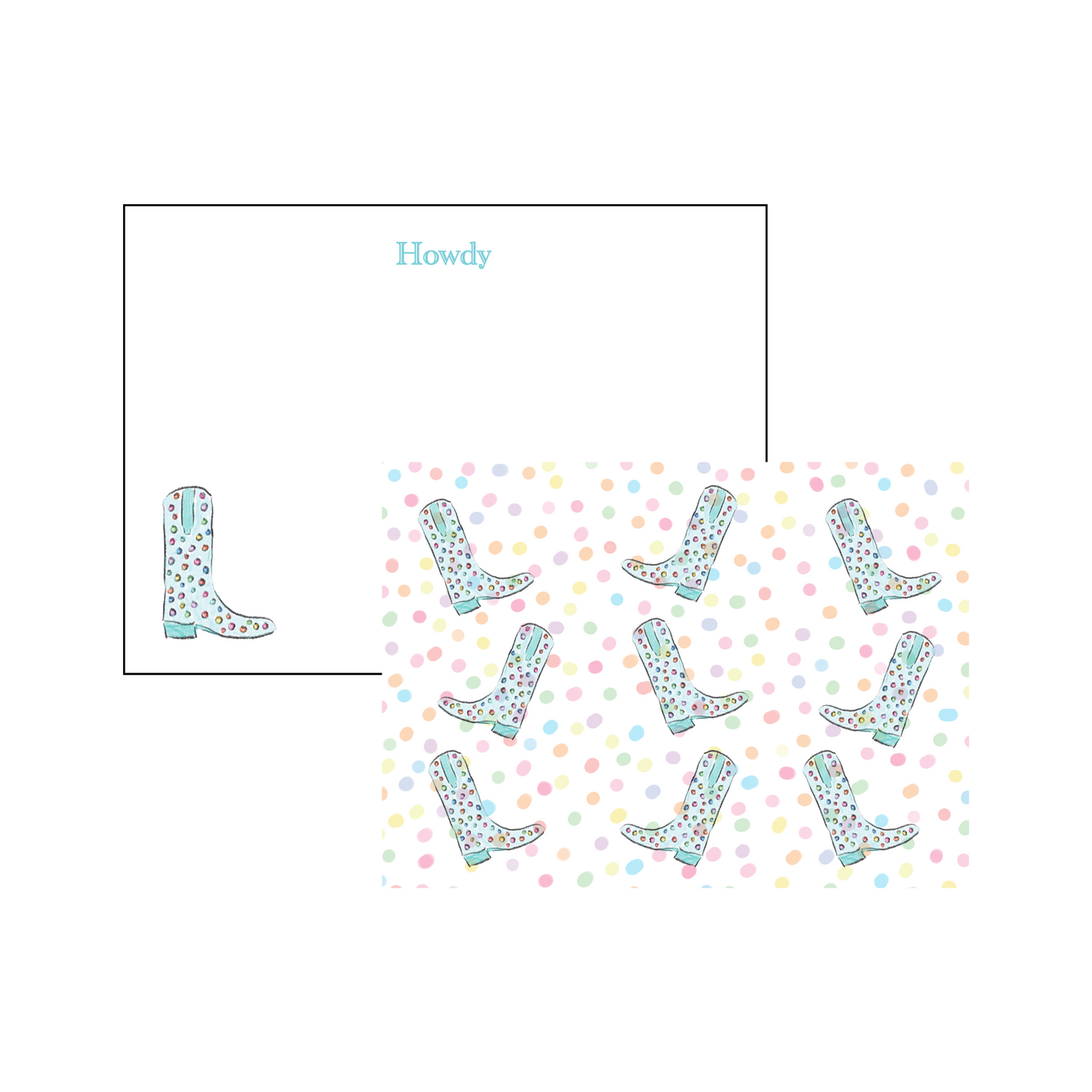 Cowgirl Boot Howdy Stationery - Teal and Polka Dots