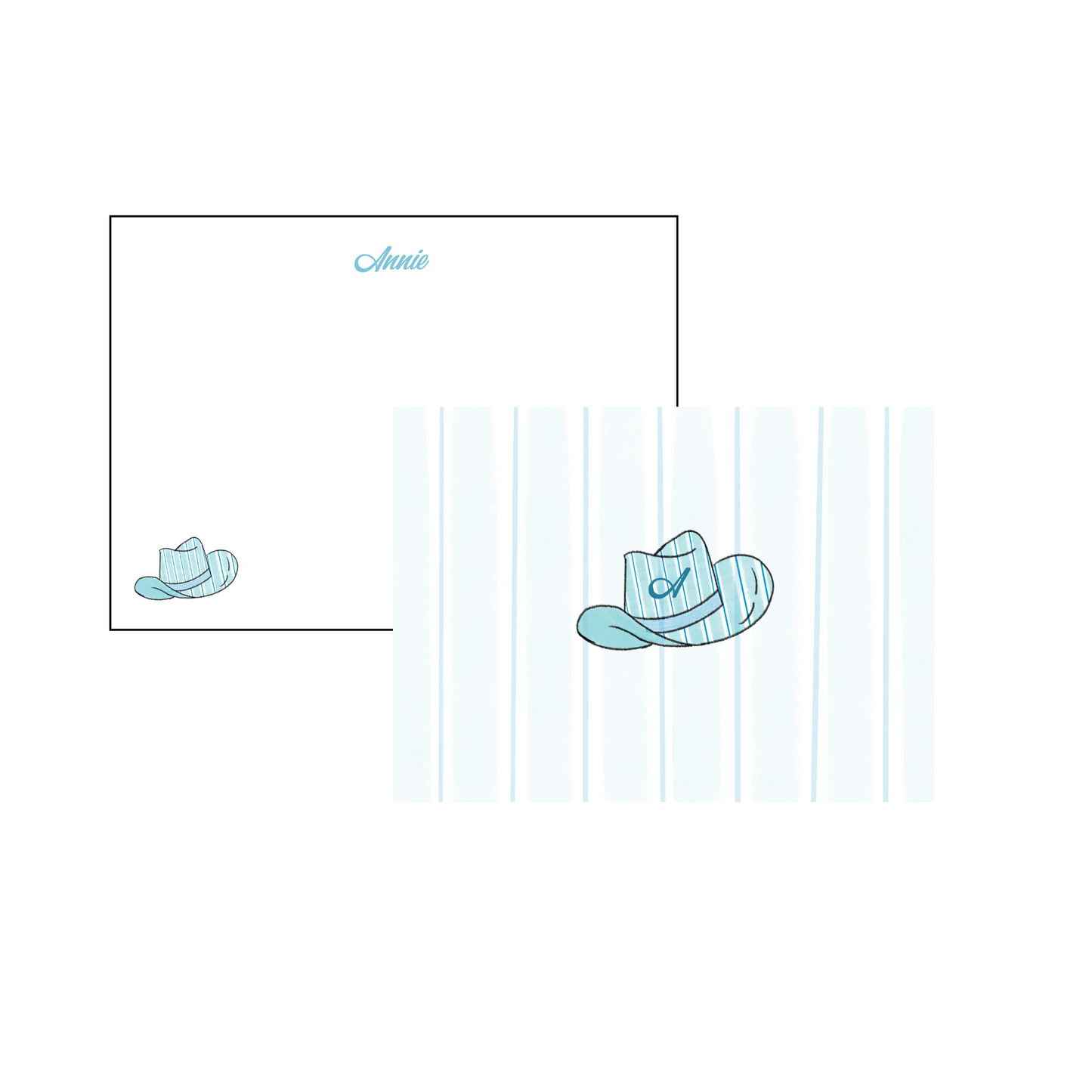 A6 Stationery Set with script font on the front in blue and blue stripes cowgirl hat in the corner. Front has blue stripes design in background with blue stripes cowgirl hat with initial. Name and initial personalized to your liking.