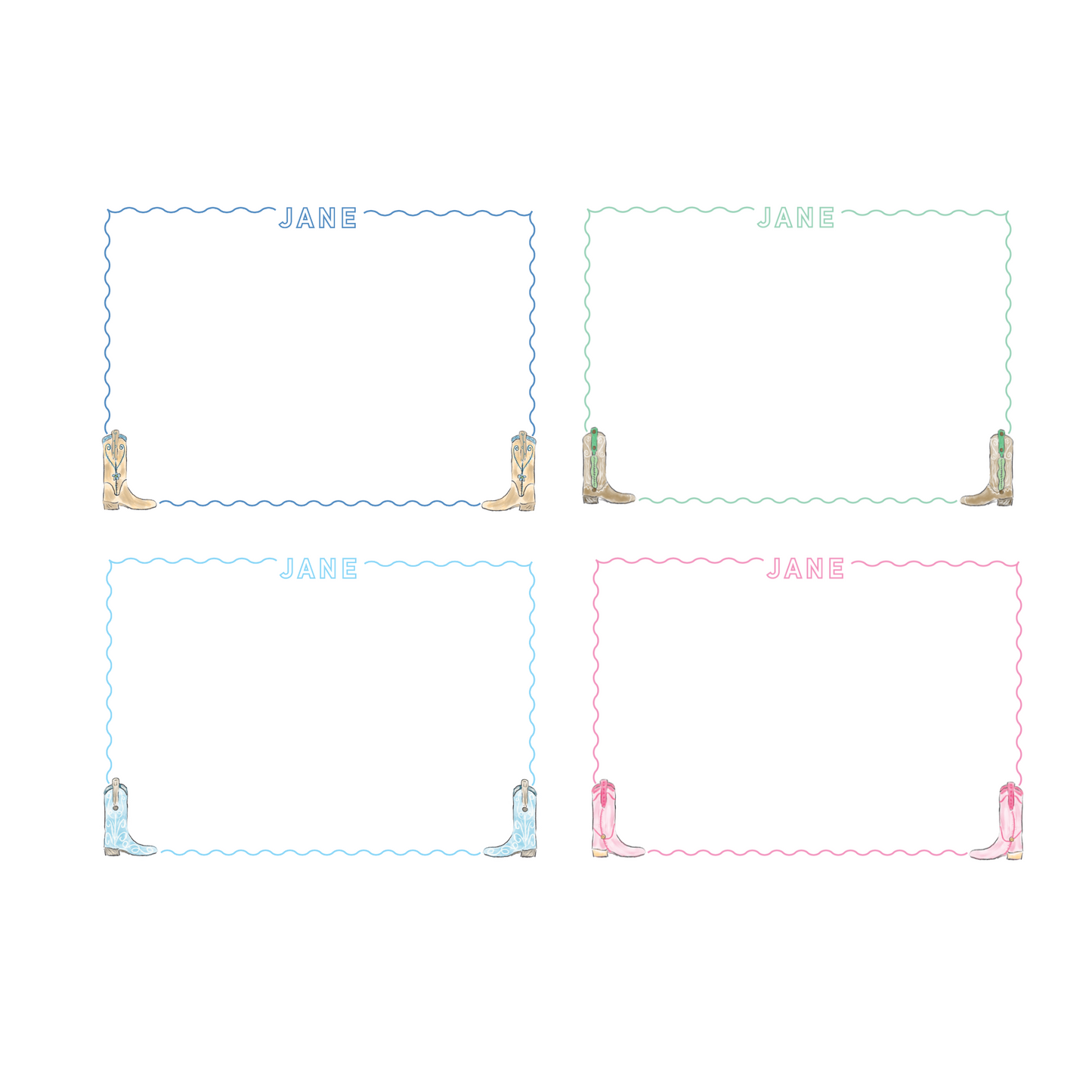 A6 Stationery Sets with outlined font, white background, cowgirl boots in each bottom corner, and ripple borders. 1) Blue outlined font, blue ripple border, brown and blue boots. 2) Green outlined font, green ripple border, brown and green boots 3) Light blue outlined font, light blue ripple border, white and blue boots 4) Pink outlined font, pink ripple border, pink boots.
