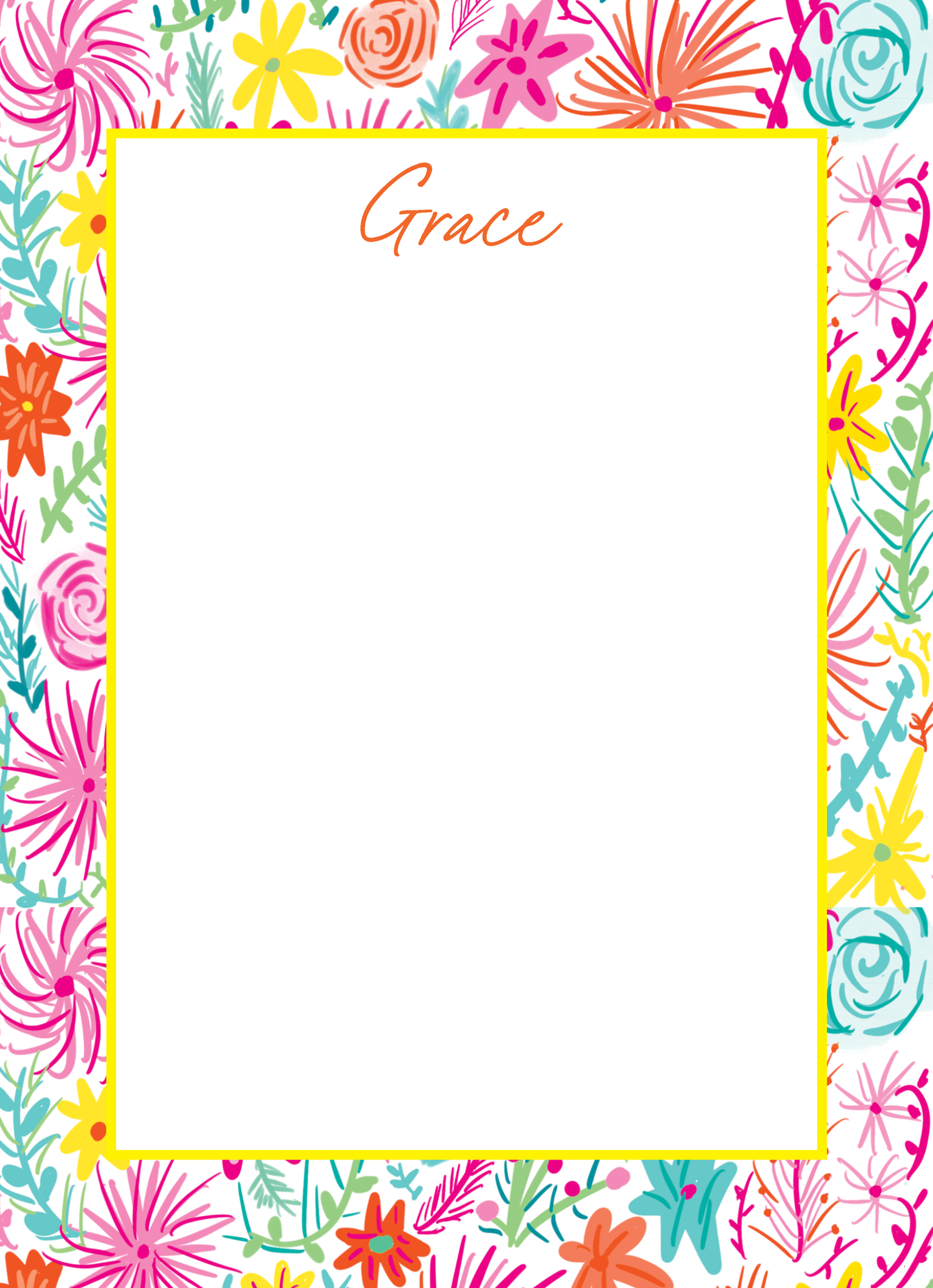 Colorful floral notepad with single line yellow border. 'Grace' written in italicized font in orange at top. Name can be personalized to your liking.