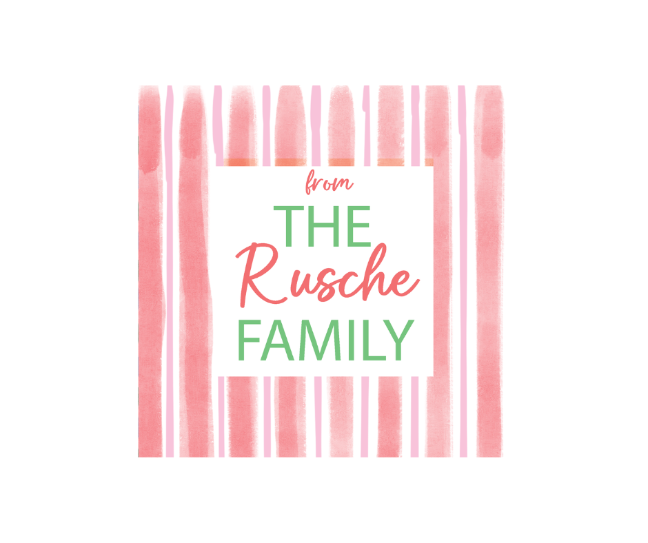 Mini 3x3 cards with red stripe design and white box with ‘from The Rusche Family’ written out in script and bold sans serif font in red and green. Name can be changed to your liking.