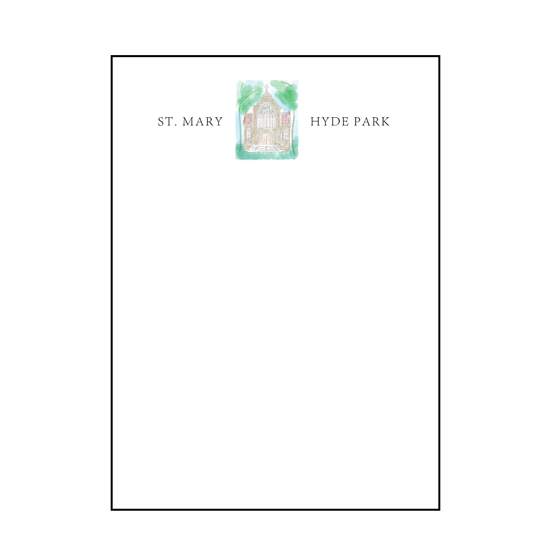 A notepad with 'ST. MARY HYDE PARK' printed at the top, featuring a small hand drawn watercolor inspired drawing of St. Mary Hyde Park Church. 5x7 in size.