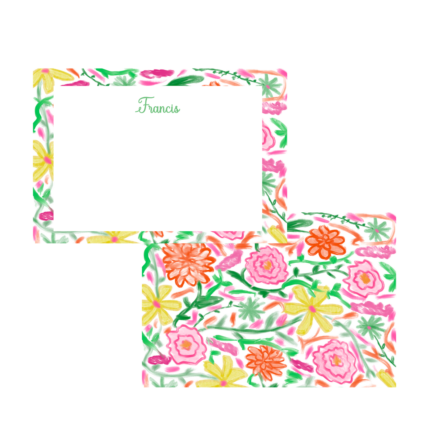 A set of flat statioery cards with a yellow, pink, and green floral pattern and name of your choice in a script font with white envelopes.