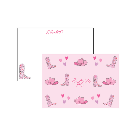 Cowgirl Boot Personalized Stationery - Pink Hearts