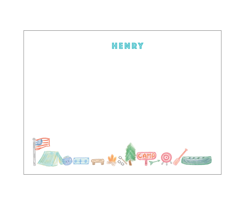 Personalized Camp Stationery in Aqua - Cards + Envelopes