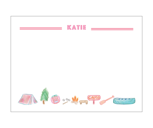 Personalized Camp Stationery in Pink with Lines - Cards + Envelopes