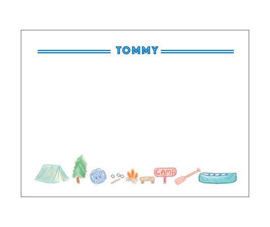 Personalized Camp Stationery in Blue with Lines - Cards + Envelopes