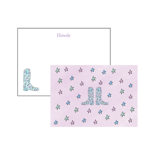 Cowgirl Boot Howdy Stationery - Blue and Purple Stars