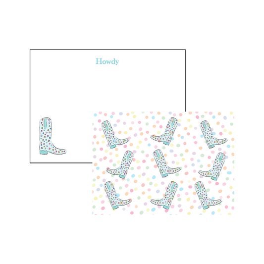 Cowgirl Boot Howdy Stationery - Teal and Polka Dots