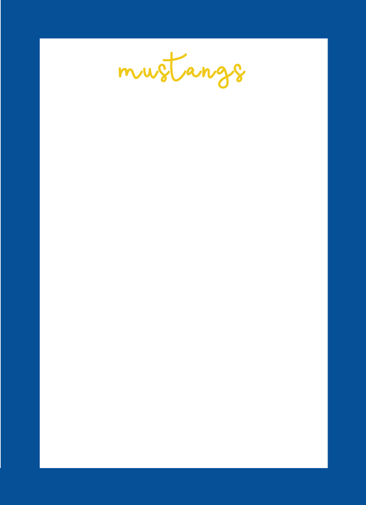 5x7 notepad with dark blue border and yellow mascot in script.