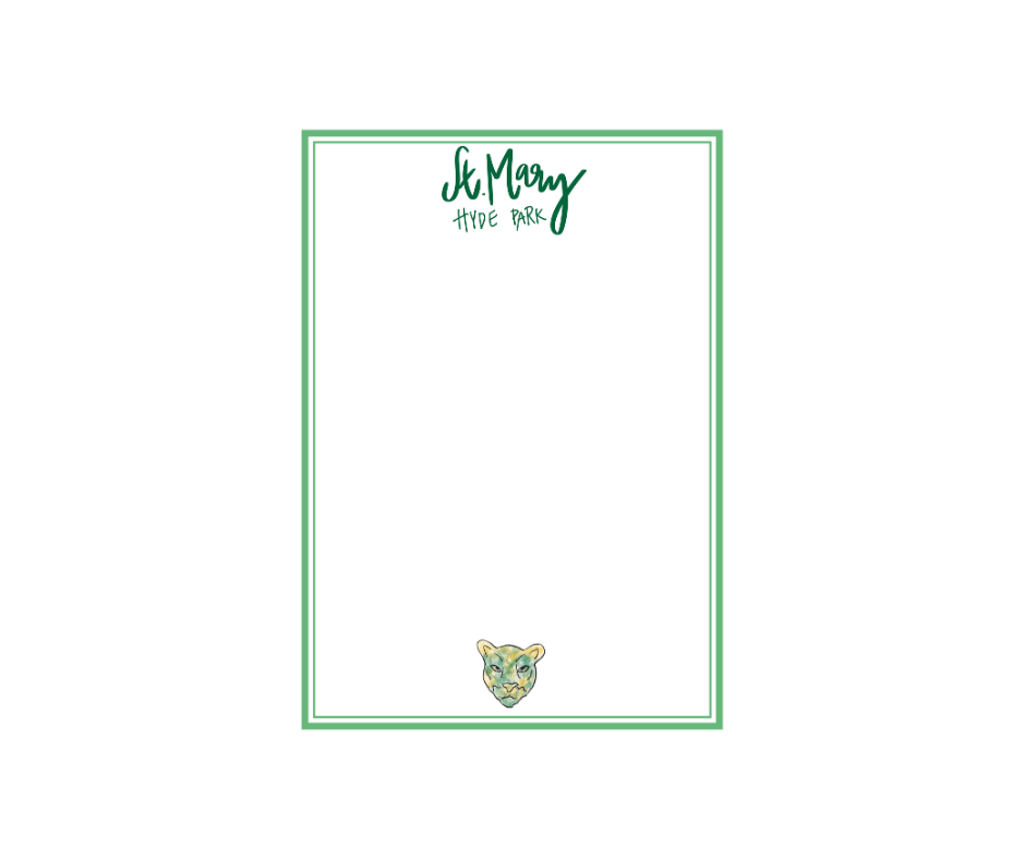 5x7 Notepad with Double Green Border and St. Mary Hyde Park in Handwritten Green Writing and Colorful Cougar at the Bottom