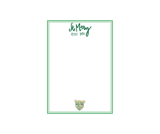 5x7 Notepad with Double Green Border and St. Mary Hyde Park in Handwritten Green Writing and Colorful Cougar at the Bottom