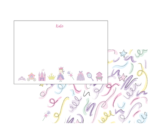 A set of personalized stationery for children with illustrations of princesses and magical elements, including a card and envelope.