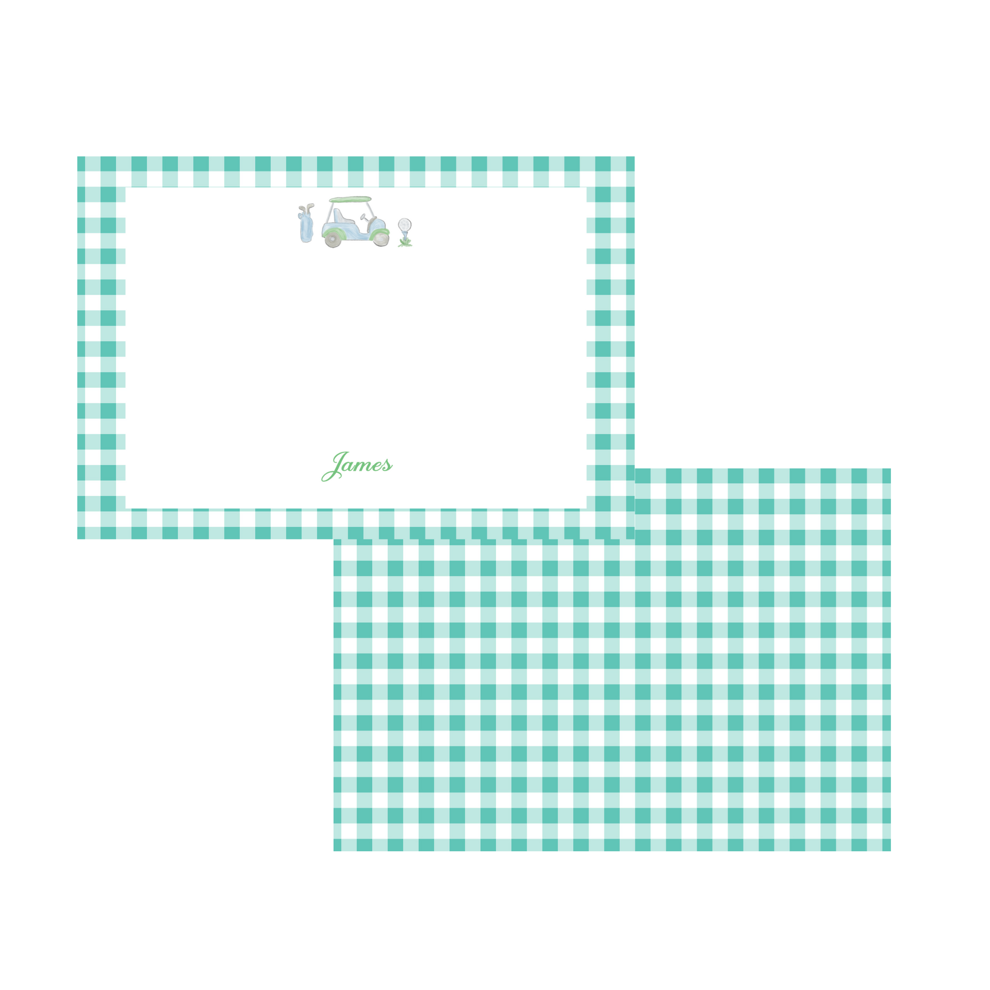 A set of golf stationery with a green checkered pattern and a small golf club illustration at the top, including personalized name text in a script font.