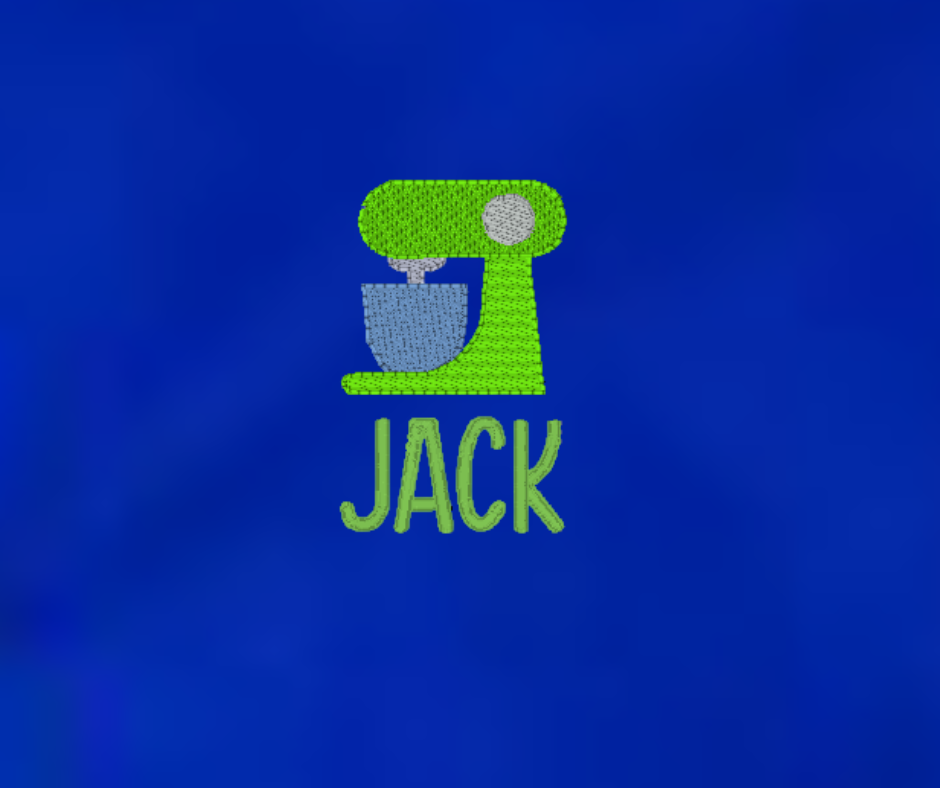 Embroidered design of a mixer with 'JACK' text in green on a blue background