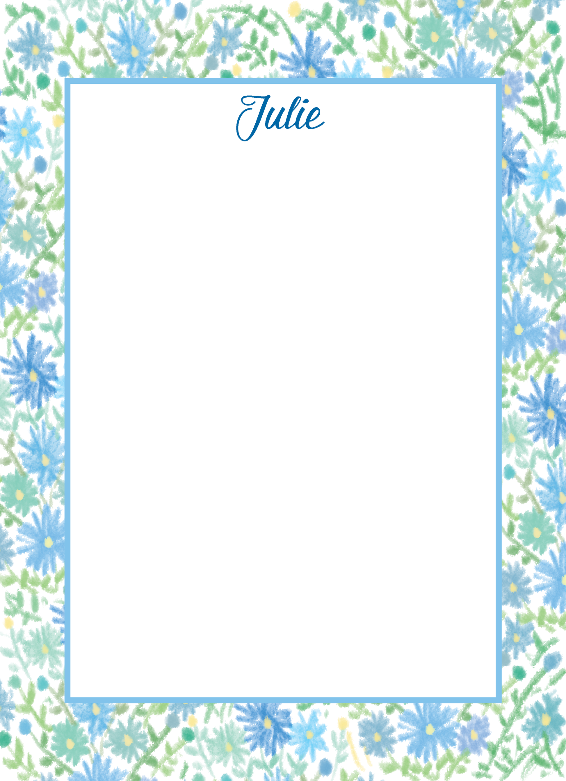 Blue and green floral notepad with single line blue border. 'Julie' written in script font in blue at top. Name can be personalized to your liking. 