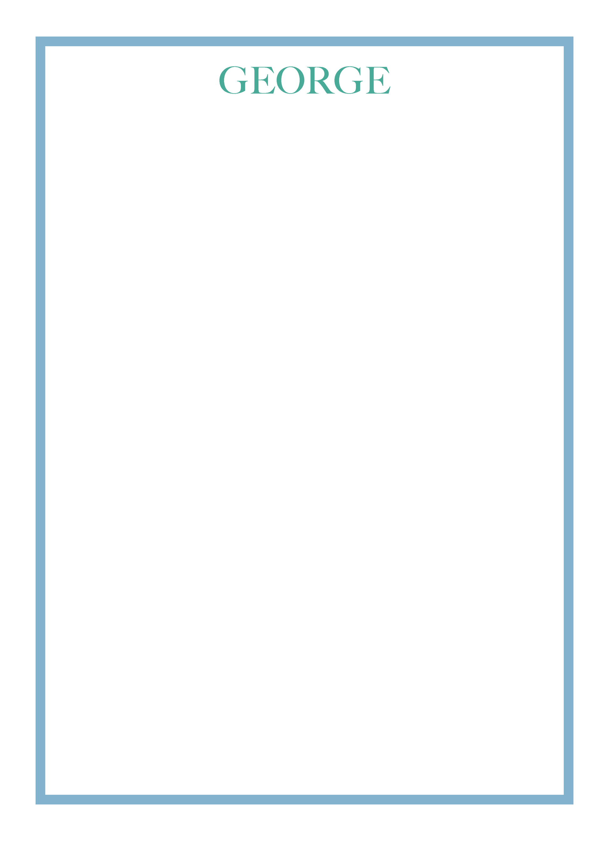 White notepad with 'GEORGE' printed at the top in a serif block font on a white background with teal and a blue border. Notepad can be personalized with name. 