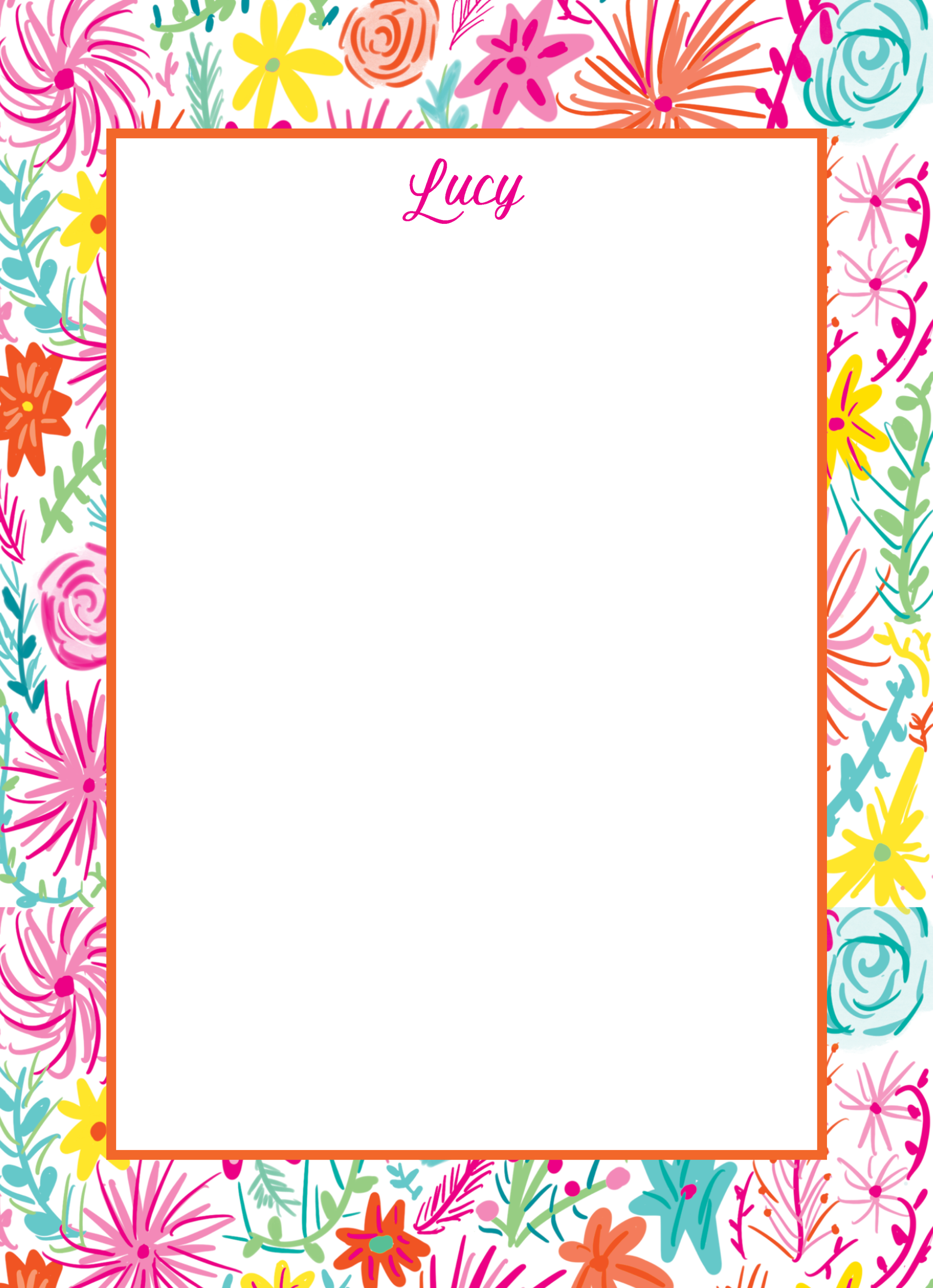 Colorful floral notepad with single line orange border. 'Lucy' written in script font in pink at top. Name can be personalized to your liking. 