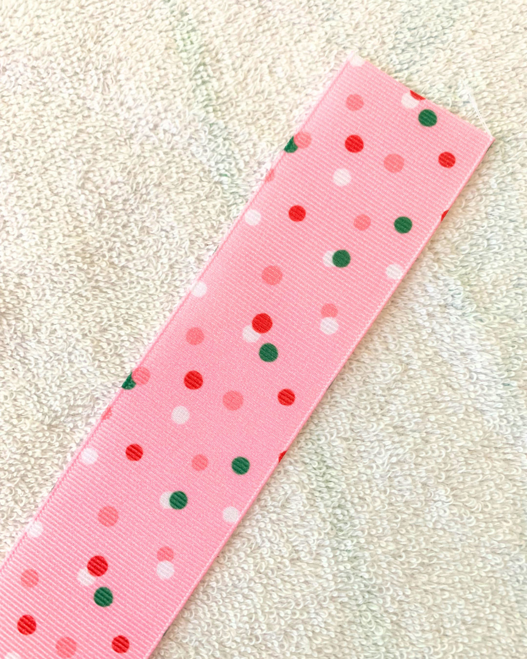 Embroidered Pink, Green, Red Polka Dot Hair Ribbon 