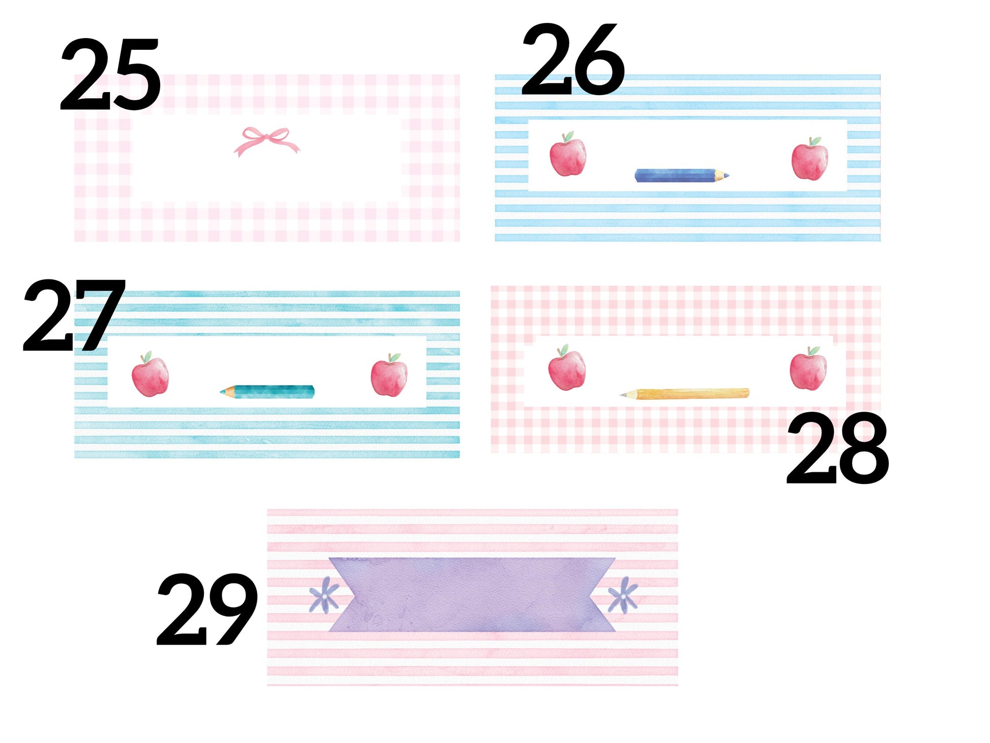 25) Pink gingham with pink bow at top. 26) Blue stripes with blue colored pencil at bottom and apples on each side. 27) Teal stripes with teal colored pencil at bottom and apples on each side. 28) Light red gingham with yellow pencil at bottom with apples on each side. 29) Pink horizontal stripes with purple banner in middle and purple flowers on each side. 