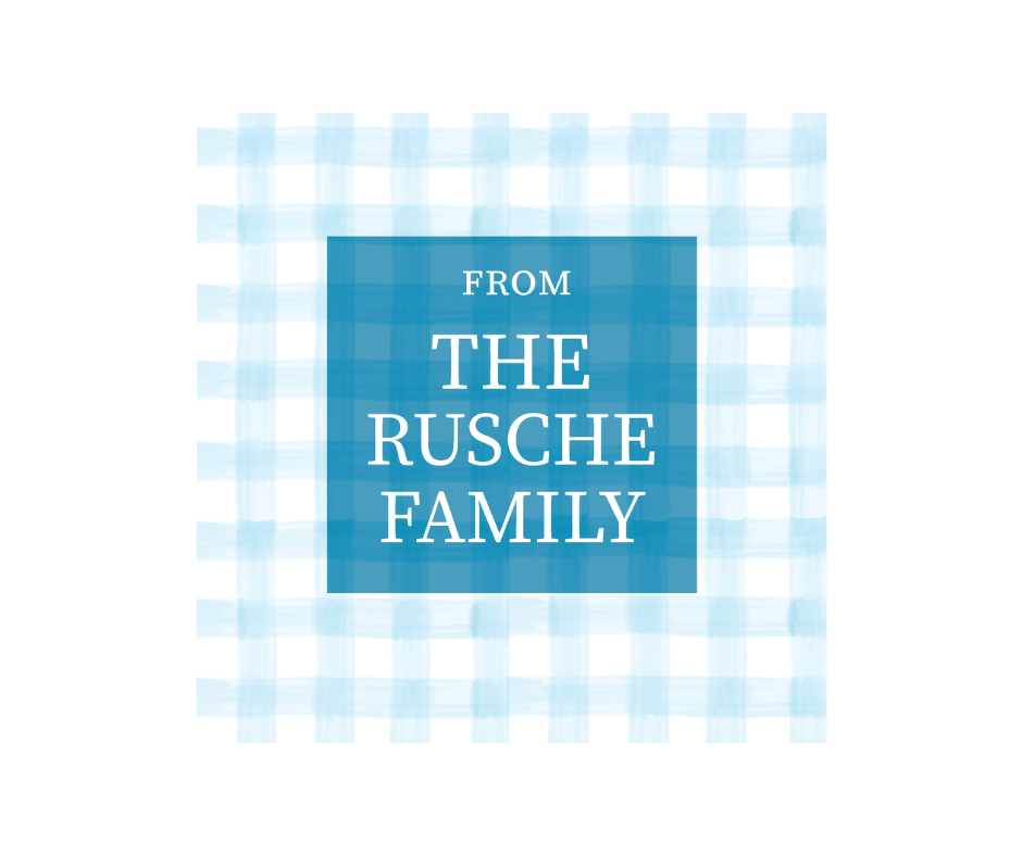 Mini 3x3 cards with blue gingham design and white box with ‘from The Rusche Family’ written out in serif font in blue. Name can be changed to your liking. 