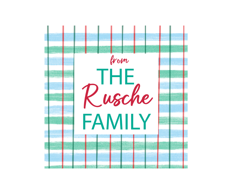 Mini 3x3 cards with navy, green, and blue plaid design and white box with ‘from The Rusche Family’ written out in script and bold sans serif font in red and teal. Name can be changed to your liking. 