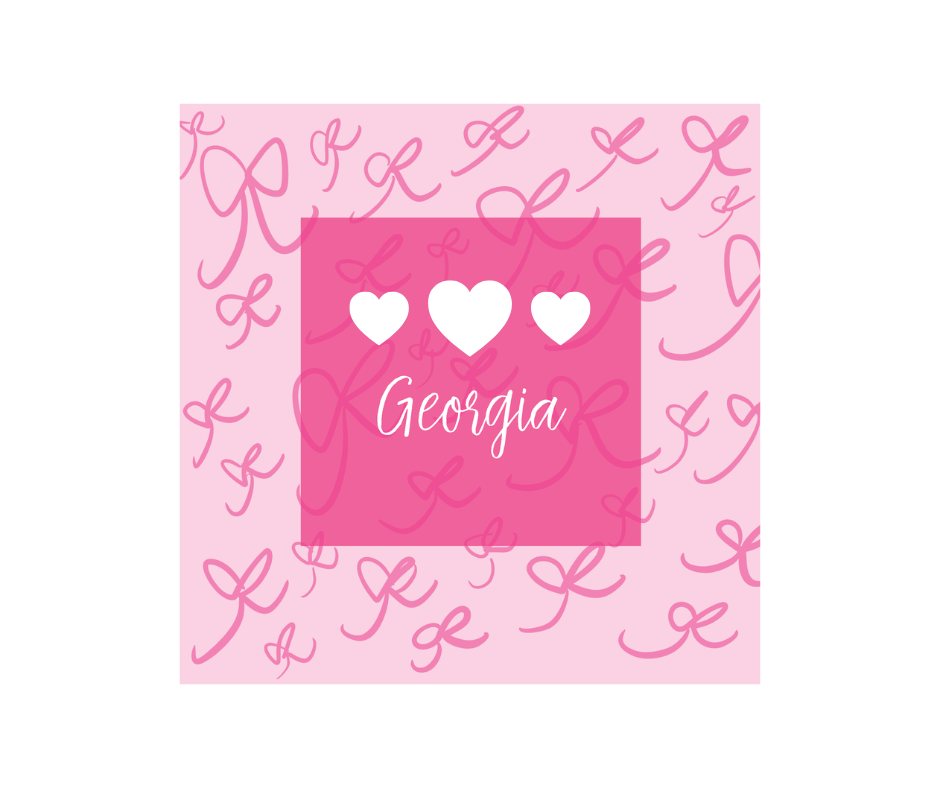 Mini 3x3 cards with light pink background and dark pink bows. Pink square overlaps pattern with three white hearts and name written in script font in white. Name can be changed to your liking. 