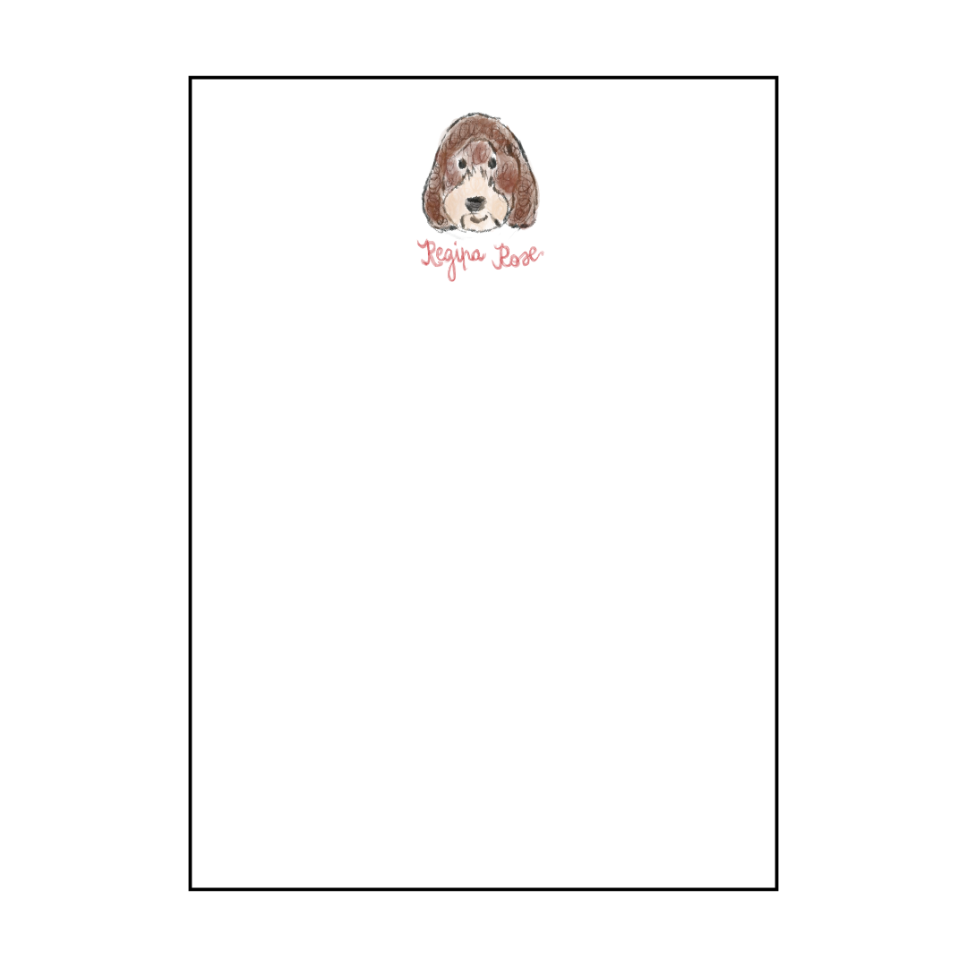 A notepad with an illustration of a cavapoo dog's face in the top left corner, labeled 'Regina Rose'. Regina Rose is the St. Mary's Hyde Park therapy dog. 