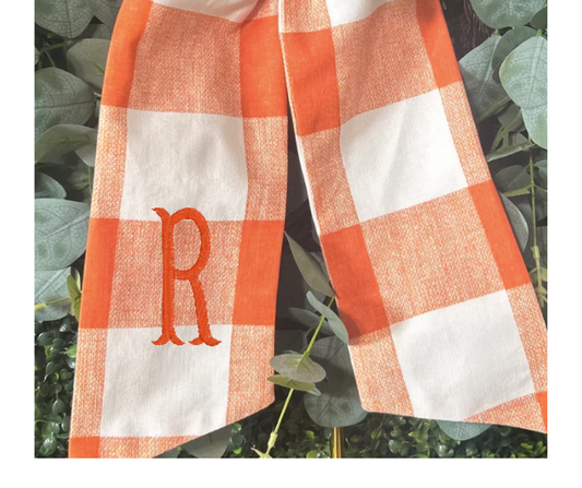 Orange Buffalo Plaid Monogram Wreath Sash
