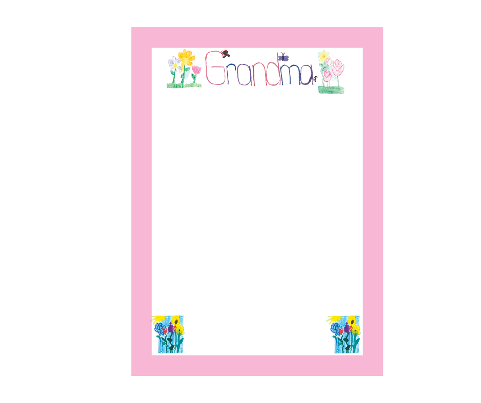 5x7 white notepad with your little one's hand drawings. Pink border around notepad. 