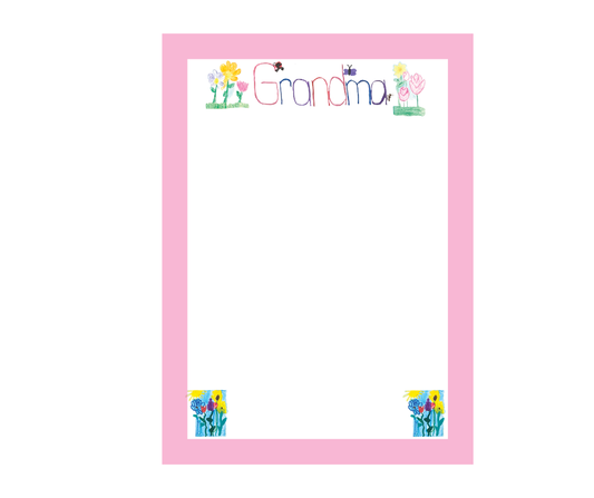 5x7 white notepad with your little one's hand drawings. Pink border around notepad. 