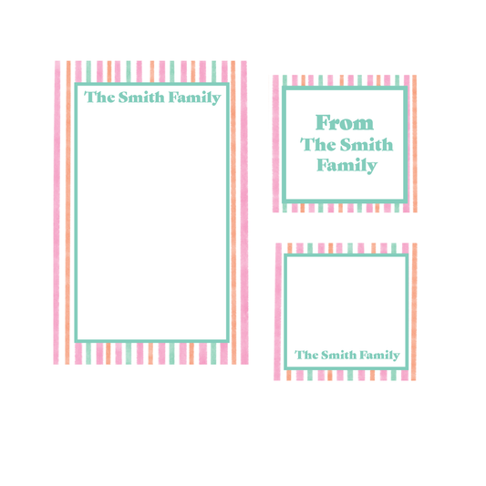 Pink, Orange Green Striped Notepads, Gift Tags, Mini Cards Bundle