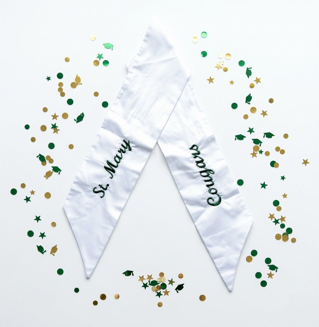 SMS Embroidered Wreath Sash - School Name and Mascot in Green