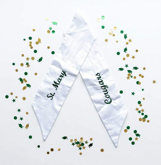 SMS Embroidered Wreath Sash - School Name and Mascot in Green